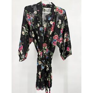 Morgan Taylor Womens Black Floral Sheer Kimono Robe Belted Size P/S Romantic